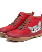 Yvonne | Damen Orthopädische Stiefeletten mit Katzen Muster und Schnürsenkel Design in Rot