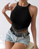 Zara – Häkel-Strick Crop Top mit Fransen & Racerback in Schwarz