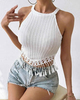 Zara – Häkel-Strick Crop Top mit Fransen & Racerback in Weiß