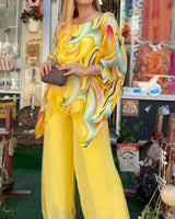 Tamsin | Damen Zweiteiler Set Oversize Bluse Palazzo Hose in Gelb