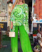 Tamsin | Damen Zweiteiler Set Oversize Bluse Palazzo Hose in Grün