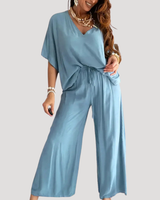 Zivana | Damen Zweiteiler V-Ausschnitt Weite Hose Set in Hellblau
