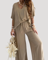 Zivana | Damen Zweiteiler V-Ausschnitt Weite Hose Set in Khaki