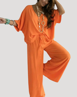 Zivana | Damen Zweiteiler V-Ausschnitt Weite Hose Set in Orange