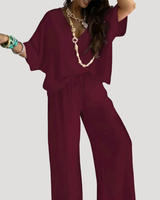 Zivana | Damen Zweiteiler V-Ausschnitt Weite Hose Set in Burgunder